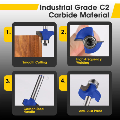Four Pack Blue Round Over Router Bit Set With 1/4 Inch Shank Radii 1/8, 3/16, 1/4, 5/16 Inches For Woodworking features