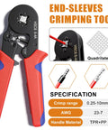Ferrule Crimping Tool Kit With 1500 Pcs Of 11 Sizes Wire End Ferrules, AWG 23 To 7 Ratchet Pliers front view with crimping details