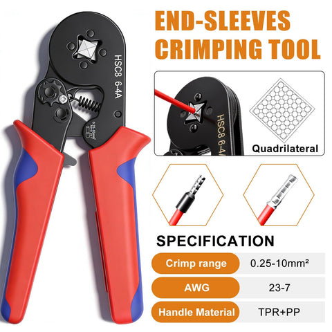 Ferrule Crimping Tool Kit With 1500 Pcs Of 11 Sizes Wire End Ferrules, AWG 23 To 7 Ratchet Pliers front view with crimping details