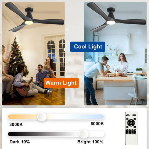 52 Inch Black Low Profile Flush Mount Ceiling Fan With Light 3 Blade Dimmable Remote Control in warm and cool settings