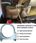 Beefy Heavy Duty Universal Exhaust Clamp With Hanger For 3 Inch Exhaust Pipes Easy Install Mount shown with vehicle exhaust system