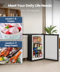 Compact 3.0 Cu Ft Upright Freezer In Silver With Moveable Shelves And A Lean Vertical Build Made For Tight Apartments Or Small Kitchens showing adjustable temperature levels for frozen and deep frozen storage.