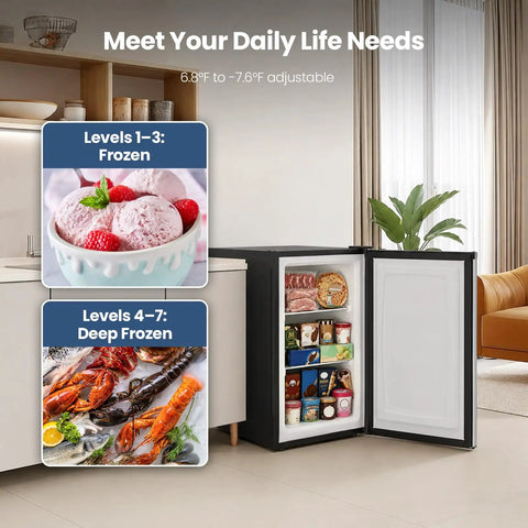Compact 3.0 Cu Ft Upright Freezer In Silver With Moveable Shelves And A Lean Vertical Build Made For Tight Apartments Or Small Kitchens showing adjustable temperature levels for frozen and deep frozen storage.