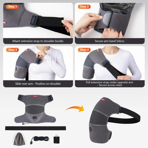 Installation steps for Shoulder Heating Pad Massager With Vibration Massage USB Powered Shoulder Wrap for pain relief.