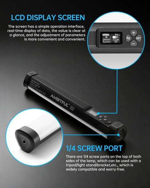 Magnetic RGB LED Light Wand Pro with LCD display and screw port details for content creators.