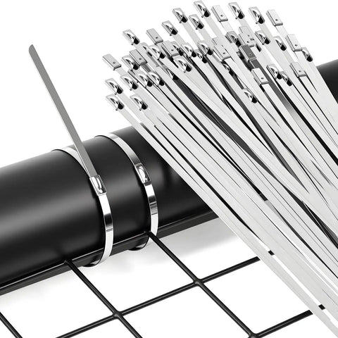Heavy Duty 304 Stainless Steel Cable Tie Gun Kit With 100 Metal Zip Ties, 11.8 Inch Pro Grade Zip Tie Tool fastening a pipe