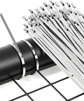 Stainless Steel Zip Tie Gun Kit with 100 Beefy Heavy Duty 11.8 Inch Metal Zip Ties around pipe and fence grid.