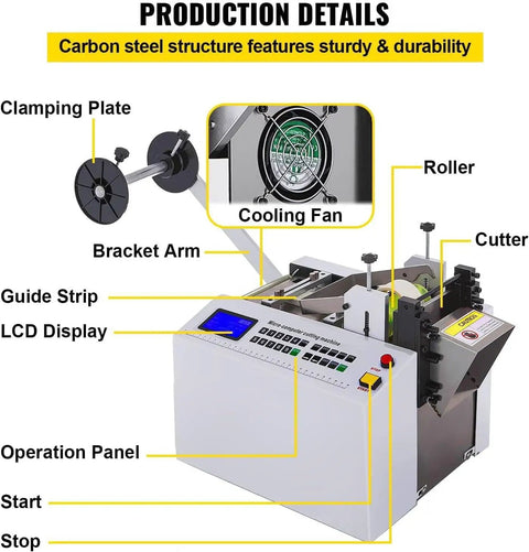 Heavy Duty Electric Wire Stripper With Digital Display 300W Cold Cutting Machine features LCD display, clamping plate, cooling fan, and cutter.
