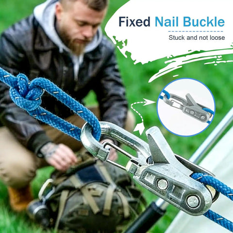 Six Pack Heavy Duty Paracord Rope Roller Tensioner Kit With Retractable Buckle And Cam Buckle Adjuster in use with blue rope