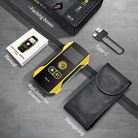Electronic Studs Finder Handheld Wall Scanner for Wood Metal Studs Detection Detector Color Display with manual and storage bag.