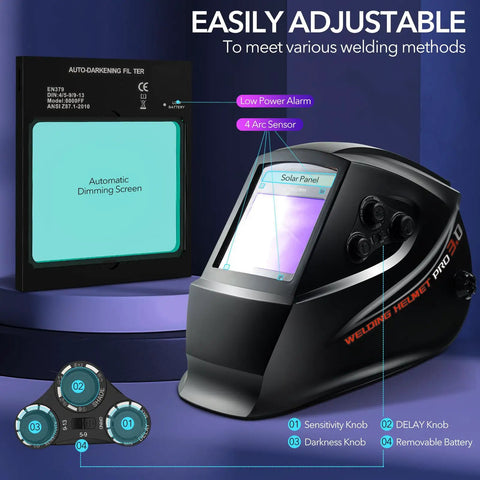Auto Darkening Welding Helmet With True Color Large Viewing Screen Solar Powered Welder Mask With 4 Arc Sensors