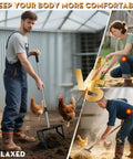 Heavy Duty Chicken Poop Scooper And Rake 2 In 1 with a man using adjustable handle amidst chickens in a coop