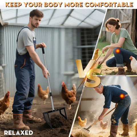Heavy Duty Chicken Poop Scooper And Rake 2 In 1 with a man using adjustable handle amidst chickens in a coop