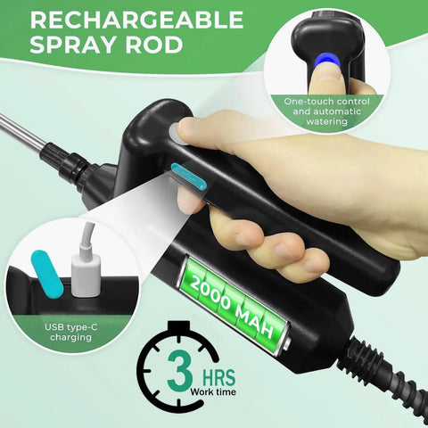 Cordless Battery Powered Sprayer Wand handle with rechargeable 2000 mAh battery, USB-C charging, for lawn and garden care.