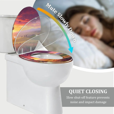 Elongated Slow Close Toilet Seat Farmhouse Style for Bathroom with quiet closing feature and beautiful landscape design.