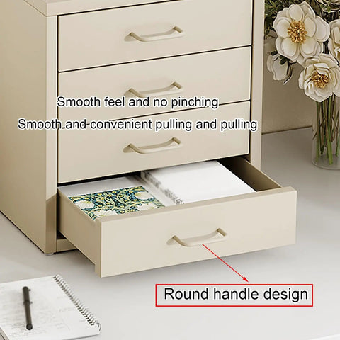 Beige metal desk drawer organizer with round handle design, showing open drawer with papers inside against a white background.