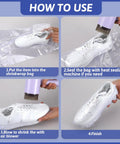 Instructions showing how to use Bulk 500 Pack Heat Shrink Wrap Bags For Packaging, Clear POF Film on a shoe.