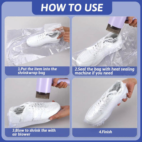 Instructions showing how to use Bulk 500 Pack Heat Shrink Wrap Bags For Packaging, Clear POF Film on a shoe.