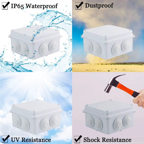 White ABS plastic junction box, IP65 waterproof and dustproof, 3.9x3.9x2.8 inches, with two side knockout ports.