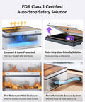 FDA Class 1 certified laser engraver showing auto-stop safety solutions with enclosed, fire-retardant metal, and exhaust system features.