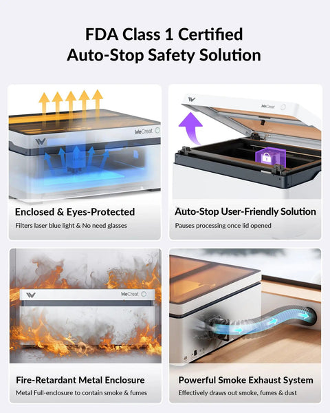 FDA Class 1 certified laser engraver showing auto-stop safety solutions with enclosed, fire-retardant metal, and exhaust system features.