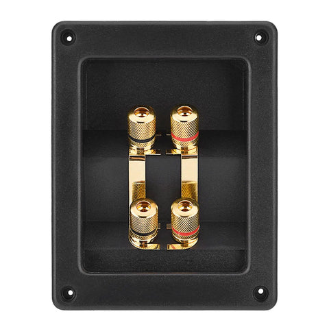 Heavy Duty Audio Terminal Strip With Binding Posts For Secure Wire Hooks And Four Hole Mounts That Square Away Custom Speaker Cabinets And Kick Up Your Setup, showing gold binding posts.