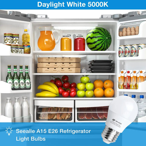 Open fridge illuminated by Led Refrigerator Light Bulb 4 Watt Waterproof Freezer Light Bulbs A15 E26 Medium Base Appliance