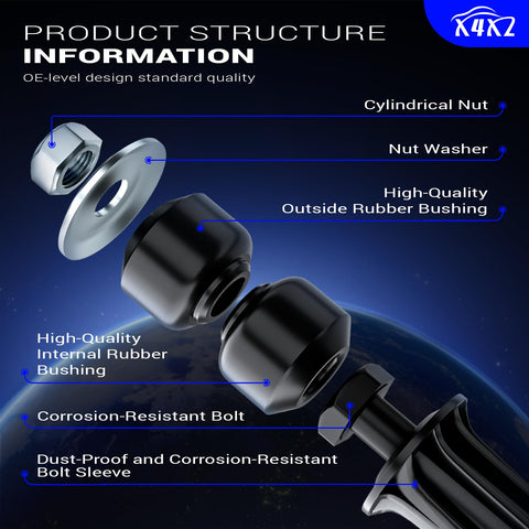 Front Stabilizer Sway Bar End Links OE Part K700538 Bolt On For Chevrolet Silverado Tahoe Suburban Avalanche GMC Sierra Yukon Yukon XL Cadillac Escalade exploded parts view with nut, washer, bushings, bolt
