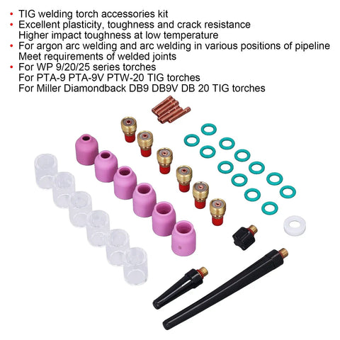40 Piece Welding Torch Accessories Kit Featuring Collets Alumina Nozzles Gas Lens And Ceramic Cups For Wp 9 20 25 Series parts displayed.