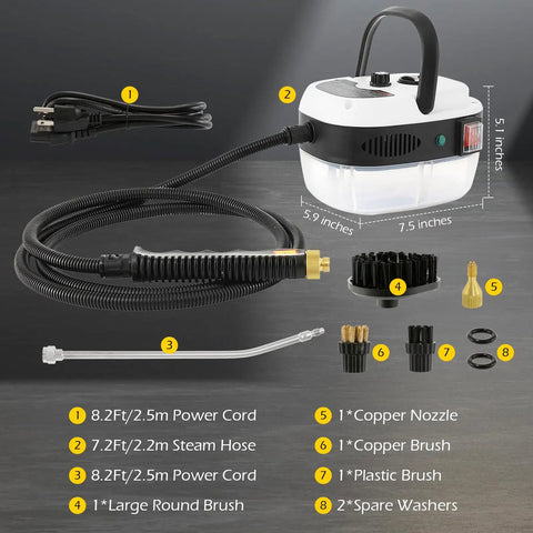 Heavy Duty Handheld Steam Cleaner 2500 Watt Hella Powerful Vapor Output For Quick Car Detailing and Smooth Home Cleanup At Two Hundred Twenty One Degrees Chemical Free No Sweat Struggle Ever with steam hose and accessories.
