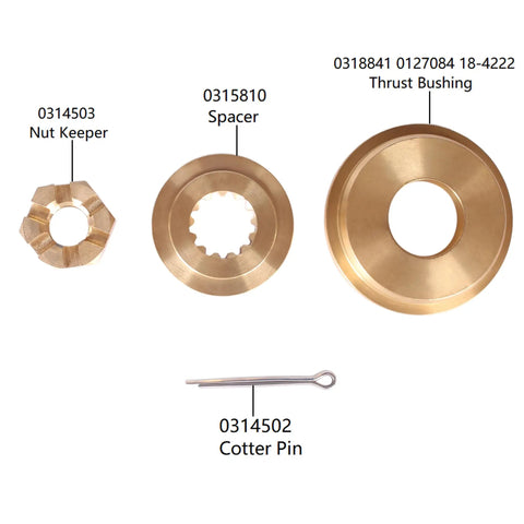 All In One Boat Propeller Hardware Kit For Evinrude Johnson 60HP To 130HP And Mercury Engines showing nut keeper, spacer, thrust bushing, cotter pin.