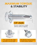 Heavy Duty Quarter Inch By One Inch Hex Washer Head Self Drilling Screws Twenty Five Piece Set Grade Eight Point Eight Heat Treated Carbon Steel Zinc Plated with shank details.