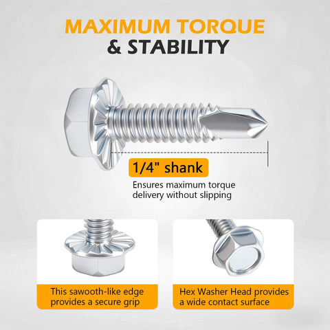 Heavy Duty Quarter Inch By One Inch Hex Washer Head Self Drilling Screws Twenty Five Piece Set Grade Eight Point Eight Heat Treated Carbon Steel Zinc Plated with shank details.