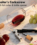 3 Piece Can Opener Bottle Opener and Wine Opener Set with wine corkscrew on marble counter with wine glass and grapes.