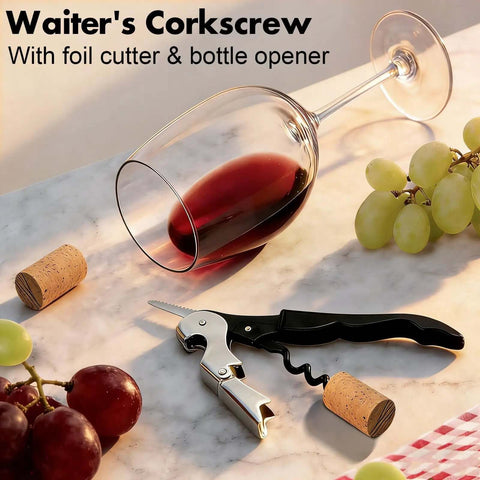 3 Piece Can Opener Bottle Opener and Wine Opener Set with wine corkscrew on marble counter with wine glass and grapes.