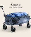 XL Collapsible Wagon Heavy Duty 400 Lb Capacity With 50 Gallon Utility Cart All Terrain Wide Base Wheels One Pull Folding Design Removable Wheels And Ergonomic Handle Blue, side view with load