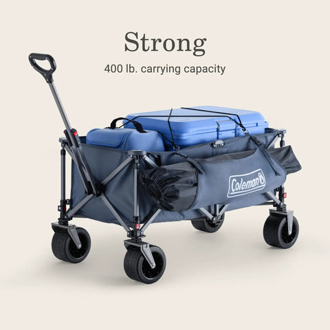 XL Collapsible Wagon Heavy Duty 400 Lb Capacity With 50 Gallon Utility Cart All Terrain Wide Base Wheels One Pull Folding Design Removable Wheels And Ergonomic Handle Blue, side view with load