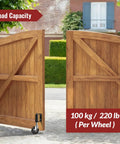 Heavy Duty Gate Caster With Spring Loaded Wheel attached to wooden gate, showcasing swivel gate wheel with 220 lbs capacity per caster.