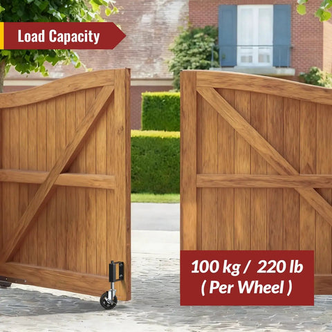 Beefy Gate Wheels With Spring Loaded Brakes, 360 Degree Swivel Casters For Fences Yards And Farms supporting wooden gate