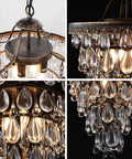 Crystal Chandelier in Farmhouse Bronze, 4 Light Hanging Pendant Fixture for Bedroom Entryway Living Room Kids Room Corridor Closet, 14 Inch Diameter, Adjustable Chain, Elegant Rustic Glam Vibe, detailed views of crystal droplets and iron frame.