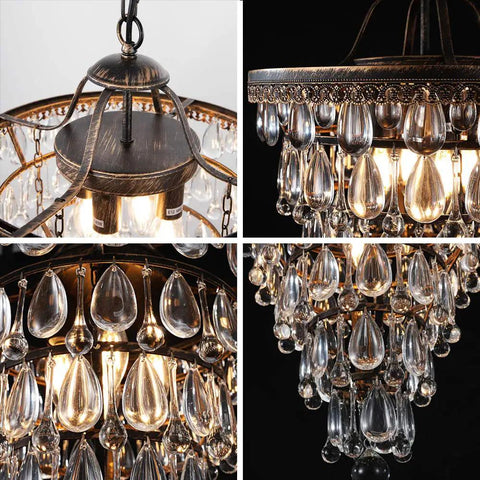 Crystal Chandelier in Farmhouse Bronze, 4 Light Hanging Pendant Fixture for Bedroom Entryway Living Room Kids Room Corridor Closet, 14 Inch Diameter, Adjustable Chain, Elegant Rustic Glam Vibe, detailed views of crystal droplets and iron frame.