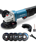 DongCheng 9.2A angle grinder with 4-1/2 in wheel; blue body, paddle switch, guard, six discs, wrench, brushes