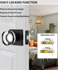 Keyless Privacy Glass Door Knob In Sleek Matte Black With Vintage Crystal Finish For Bedroom And Bathroom Doors Interior Door Knobs With Push Button Lock Heavy Duty Yet Elegant Glass Hardware installed on white door showing adjustable latch options.