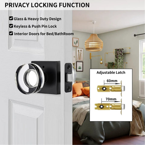 Keyless Privacy Glass Door Knob In Sleek Matte Black With Vintage Crystal Finish For Bedroom And Bathroom Doors Interior Door Knobs With Push Button Lock Heavy Duty Yet Elegant Glass Hardware installed on white door showing adjustable latch options.
