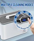 LifeBasis ultrasonic jewelry cleaner, front view, white plastic housing with transparent lid, 600 ml (20 oz) capacity, digital timer