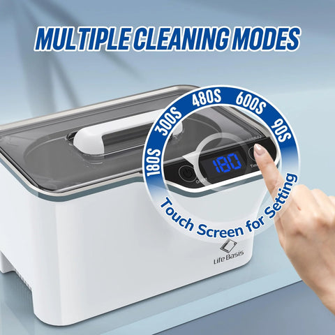 LifeBasis ultrasonic jewelry cleaner, front view, white plastic housing with transparent lid, 600 ml (20 oz) capacity, digital timer