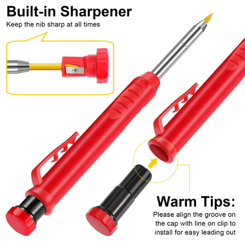 Close-up view of a red pencil from the Three Pack Long-Nosed Carpenter Mechanical Pencils With Built-In Sharpener, 36 Refills set.