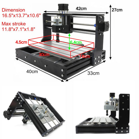 3018-PRO Desktop CNC Router Kit With USB 3 Axis Engraver And Milling Machine For Wood Plastic Acrylic PCB PVC GRBL Controlled 300x180x45mm Work Area Beginner Friendly Dope For DIY Projects dimensions and frame angles.