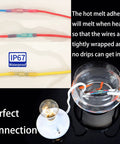 130Pcs Heat Shrink Bullet Wire Connectors Kit Waterproof Marine Grade Terminals with wires submerged in water showing IP67 waterproofing.
