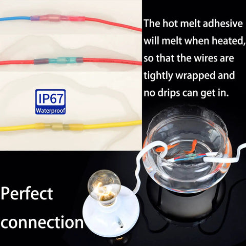130Pcs Heat Shrink Bullet Wire Connectors Kit Waterproof Marine Grade Terminals with wires submerged in water showing IP67 waterproofing.